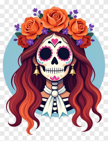 Colorful Sugar Skull Woman With Floral Headband PNG