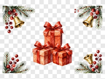 Christmas Gift Boxes With Bells And Greenery PNG