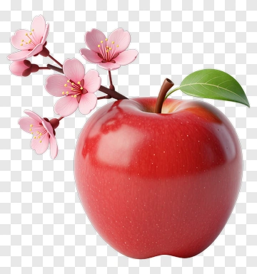 Red Apple With Cherry Blossom Flowers PNG