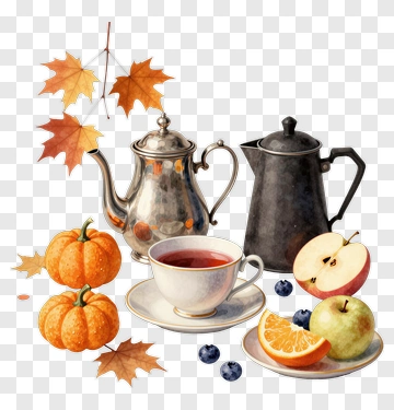Autumn Tea Set With Pumpkins And Fruits PNG