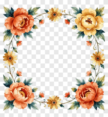 Floral Frame With Orange And Yellow Flowers PNG