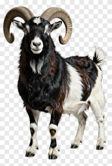 Black And White Goat With Curved Horns PNG