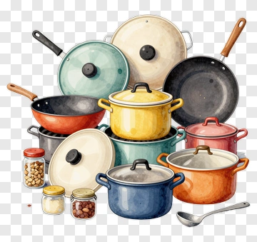 Colorful Stack Of Cooking Pots And Pans PNG