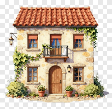 Charming Stone House With Balcony And Plants PNG