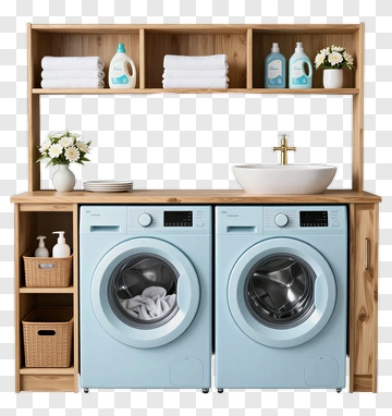 Modern Laundry Room With Blue Washing Machines PNG