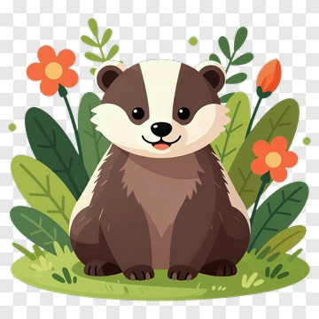 Cartoon Badger Sitting Among Flowers PNG