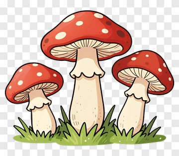 Cartoon Red Mushrooms Growing In Grass PNG