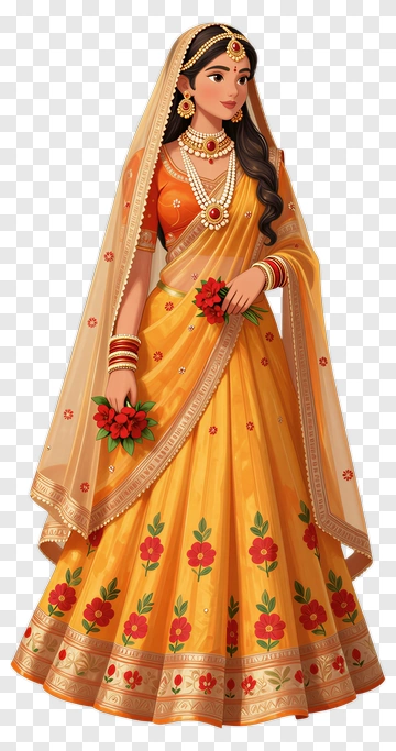 Elegant Woman In Traditional Indian Attire Holding Flowers PNG