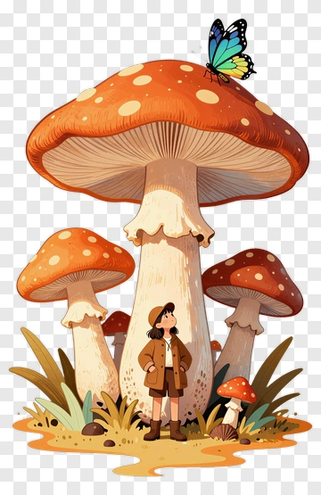 Cartoon Girl Standing Among Giant Mushrooms PNG