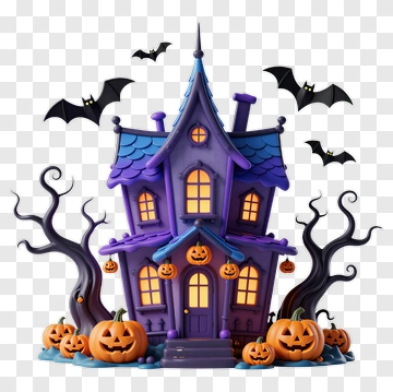 Halloween Haunted House With Pumpkins And Bats PNG