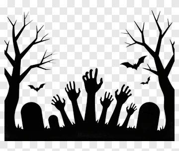 Halloween Graveyard Scene With Rising Hands And Bats PNG