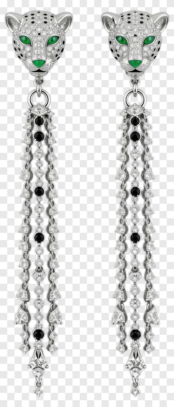 Leopard Head Earrings With Green Eyes And Silver Chains PNG