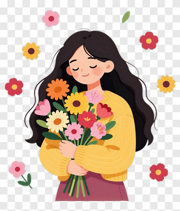 Cartoon Girl Holding A Bouquet Of Flowers PNG