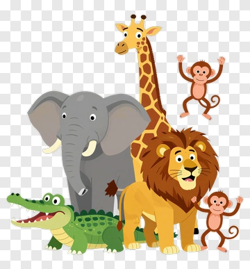 Cartoon Jungle Animals With Giraffe, Lion, And Elephant PNG