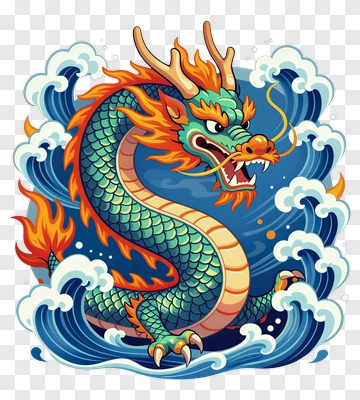 Colorful Dragon In Waves PNG