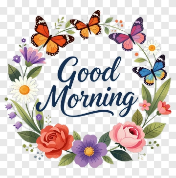 Good Morning Floral Wreath With Butterflies PNG