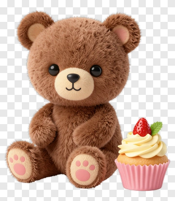 Cute Brown Teddy Bear With Cupcake PNG