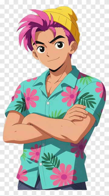 Cartoon Boy With Floral Shirt And Beanie PNG