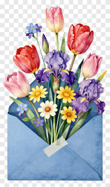 Colorful Flower Bouquet In A Blue Envelope PNG