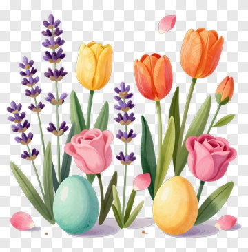 Colorful Spring Flowers And Easter Eggs PNG