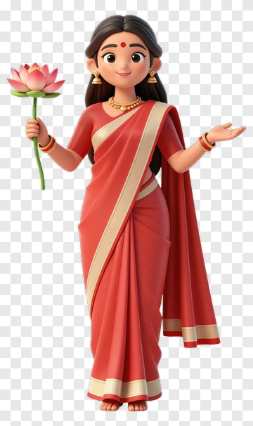 Woman Holding A Lotus Flower In A Red Saree PNG