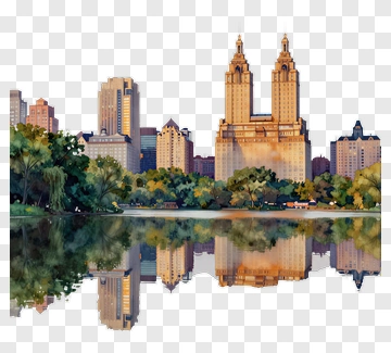 Watercolor Cityscape Reflection In A Lake PNG