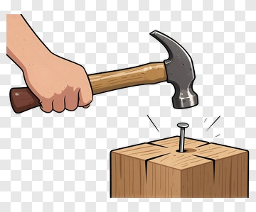 Hand Holding Hammer Hitting A Nail Into Wood PNG