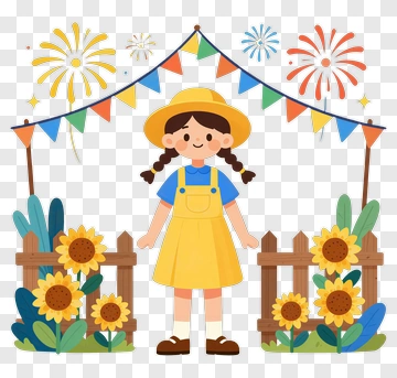 Girl In Yellow Dress Surrounded By Sunflowers And Bunting PNG