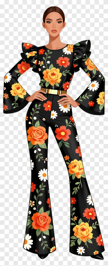 Fashion Model In Floral Print Jumpsuit PNG