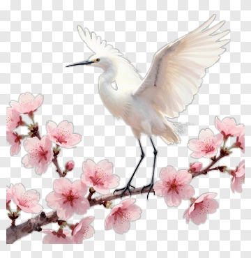 White Heron Standing On Cherry Blossom Branch PNG