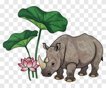 Cartoon Rhinoceros Beside A Pink Lotus Flower PNG
