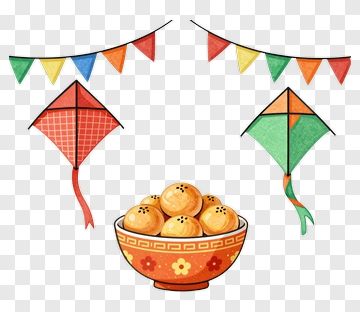Colorful Kites And Bowl Of Sweets For Celebration PNG