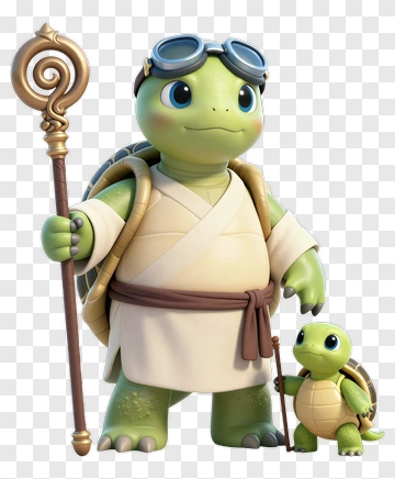3D Turtle Character Holding A Staff With A Baby Turtle PNG