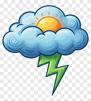 Cartoon Cloud With Sun And Lightning PNG
