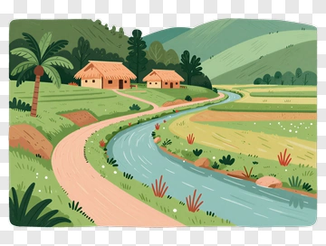 Countryside Landscape With River And Houses PNG