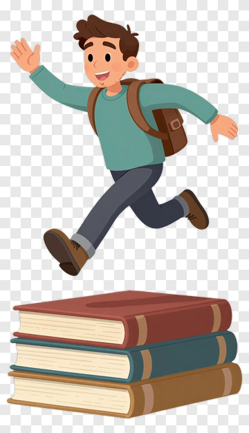 Cartoon Boy Jumping Over A Stack Of Books PNG