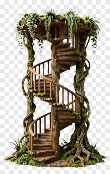Wooden Spiral Staircase Surrounded By Plants PNG
