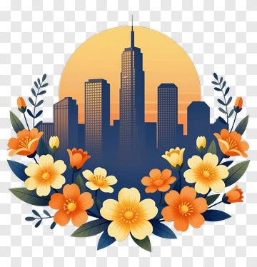 City Skyline Surrounded By Colorful Flowers PNG