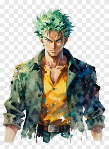 Watercolor Character With Green Hair And Jacket PNG