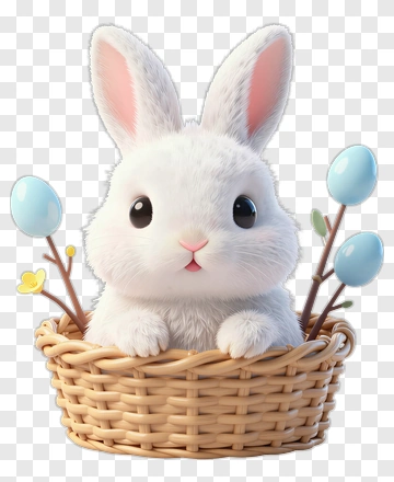 Cute Bunny In A Basket With Easter Eggs PNG