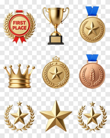 Gold Trophy And Medals Collection PNG