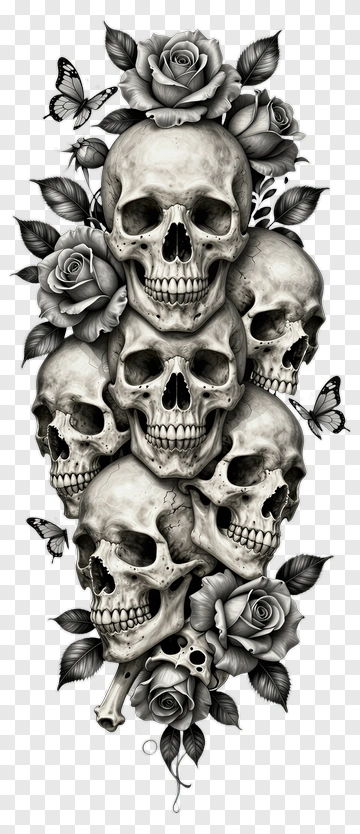 Skull And Roses Composition With Butterflies PNG
