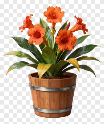 Colorful Flower Pot With Orange Blooms PNG