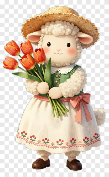 Cartoon Sheep Holding A Bouquet Of Tulips PNG