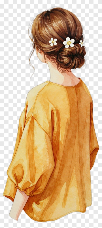 Woman In Yellow Blouse With Floral Hair Accessories PNG
