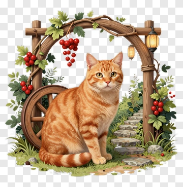 Orange Cat Sitting In A Garden PNG