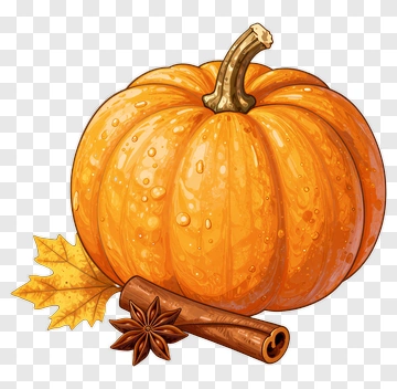 Pumpkin With Cinnamon Stick And Maple Leaf PNG