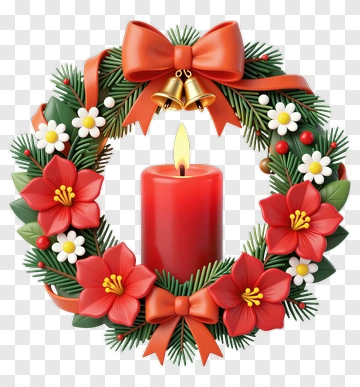 Christmas Wreath With Red Candle And Flowers PNG