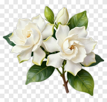 White Gardenia Flowers With Green Leaves PNG