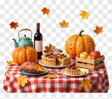Thanksgiving Table With Pumpkin And Pie PNG